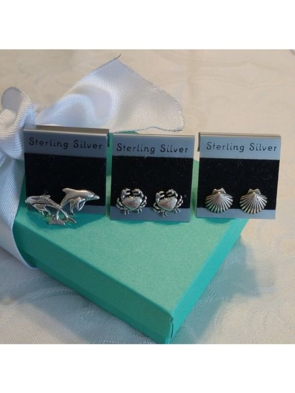 Sterling Silver Dolphins, Crabs + Shells Post Earrings, 3 pair
